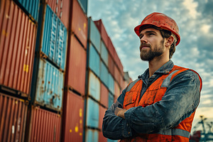 A confident male docker worker in an orange safety vest and hard hat stands wit, a Person Photo by Textures & Backgrounds