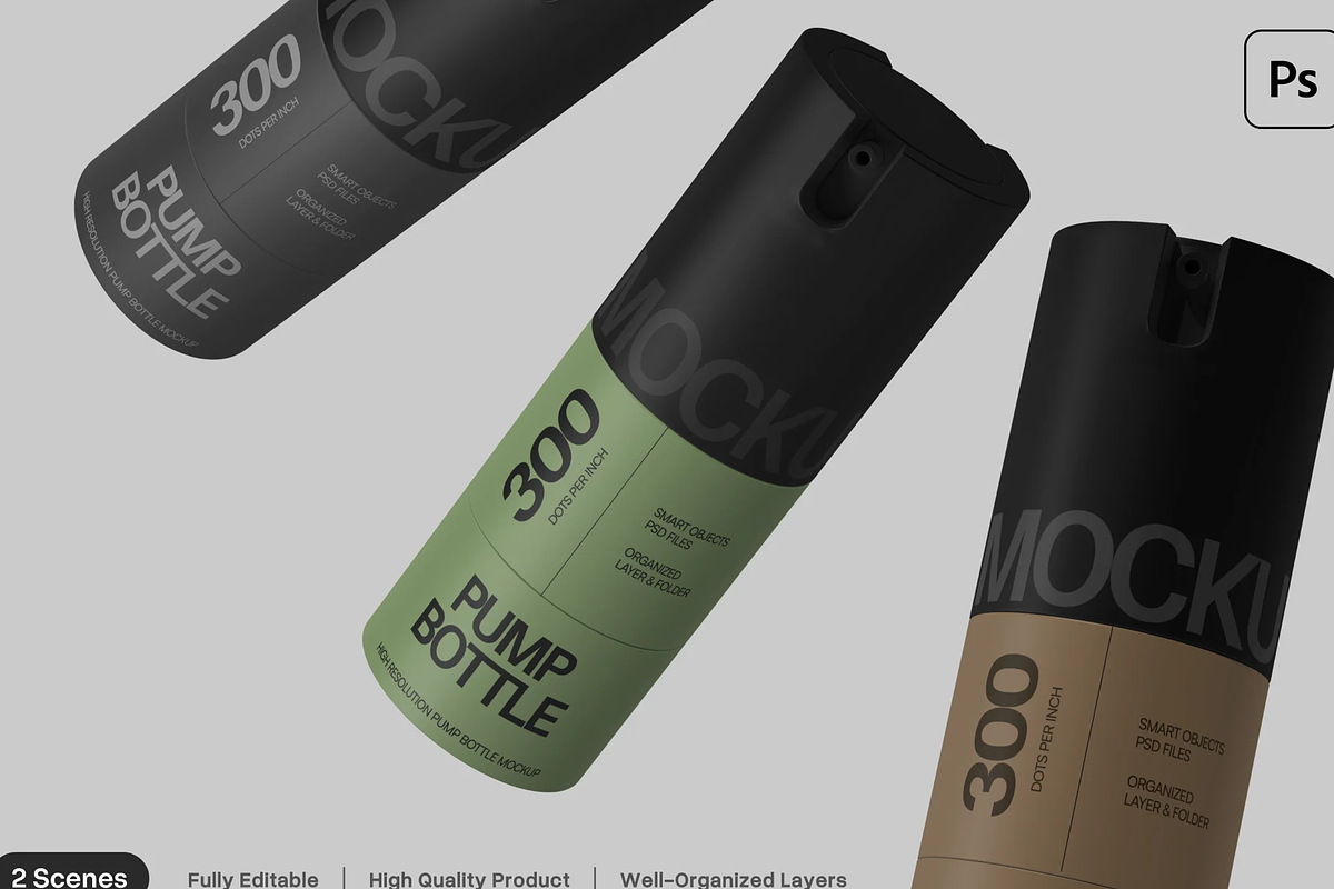 Pump Bottle Mockup 2 Views, a Packaging Mockup by graphicsauce (Photo 1 of 4)