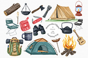 Watercolor Camping Gear Clipart Set, an Illustration by MiracleArtAndDesign (Thumbnail 1 of 2)