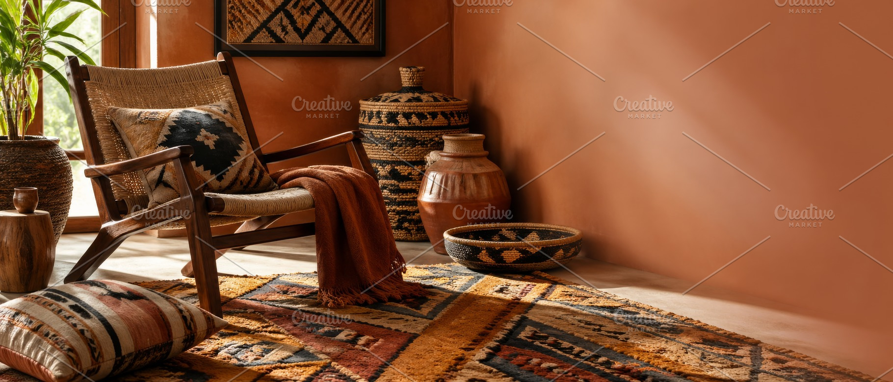 Afrobohemian home interior design with woven decor elements and, a Photo by Dvoevnore photos