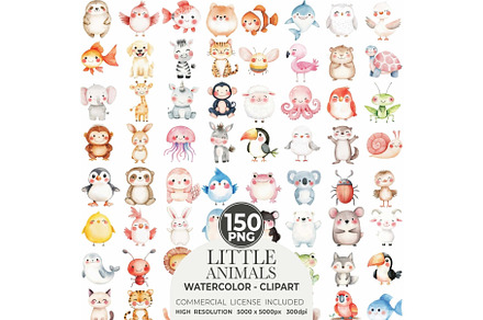 Cute Animals Watercolor Clipart Set