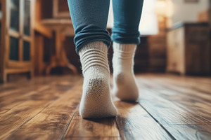 Comfortable Walk in Socks on a Wooden Floor at Home, an Abstract Photo by Natalia Klenova's Shop