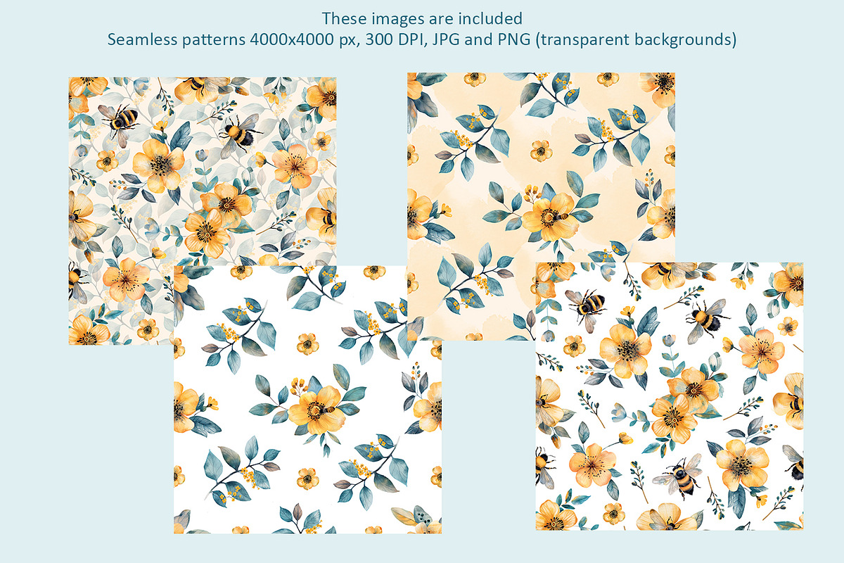 Bees and flowers watercolor clipart, a Seasonal Illustration by Anna Druzhkova (Photo 7 of 17)