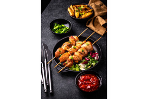 Chicken skewers kebab with, a Food & Drink Photo by Yulia Furman