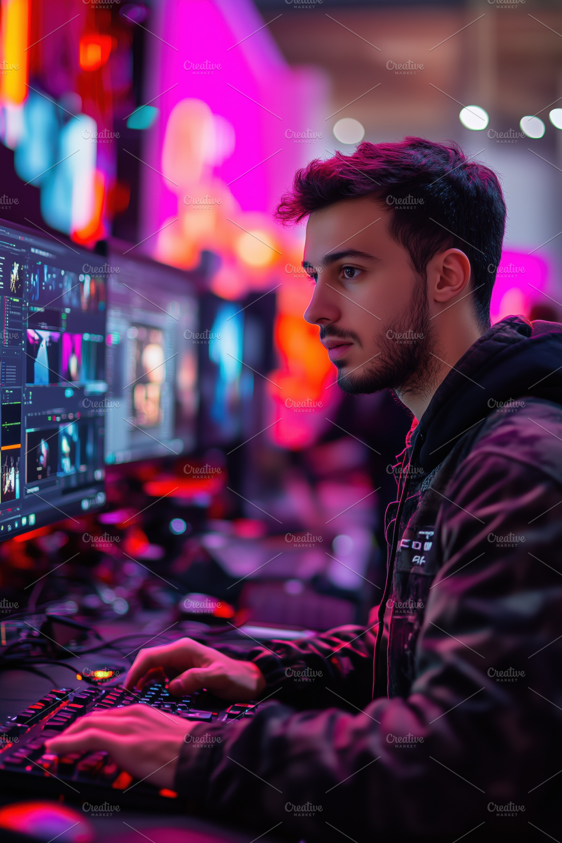 A focused young man motion designer working on a computer in a vibrant, colorfu, a Person Photo by Textures & Backgrounds