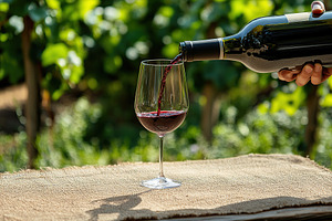 Pouring red wine into wineglass against vineyard background, a Food & Drink Photo by AlyaAnd