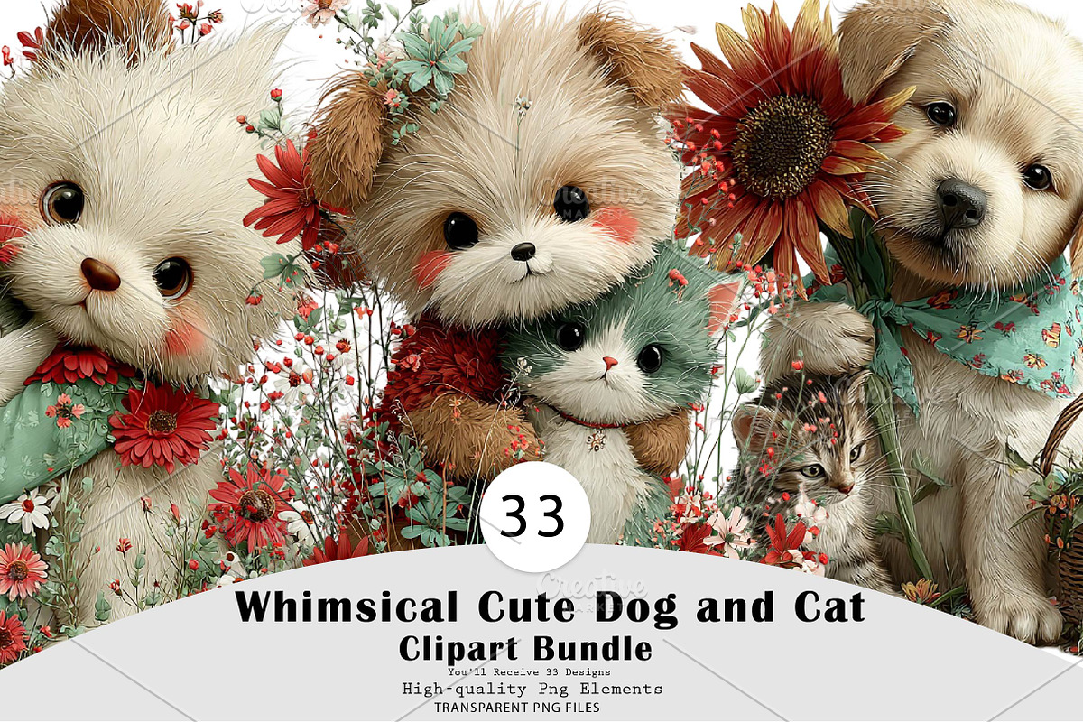 Whimsical Cute Dog and Cat Clipart, a Seasonal Illustration by CreationArt (Photo 1 of 5)