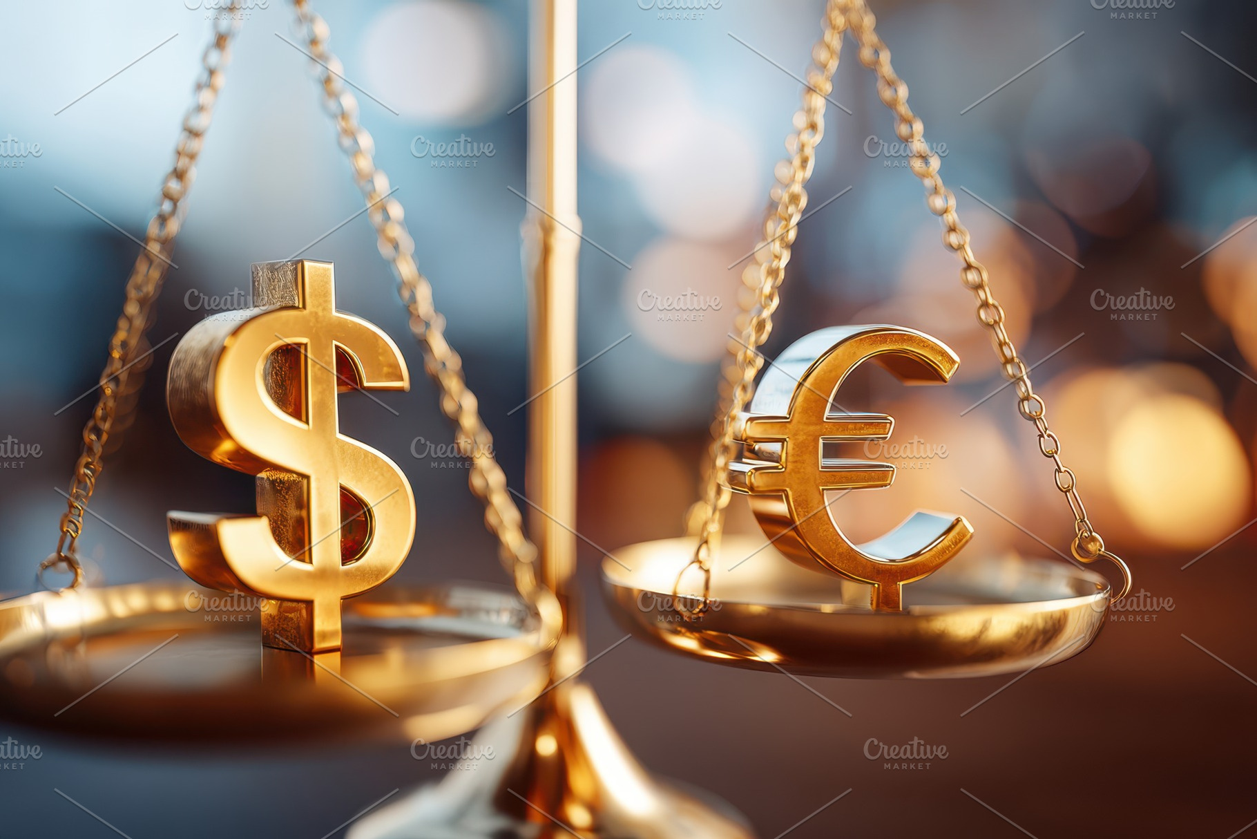Gold balance scales with dollar and euro symbols, a Business Photo by AlyaAnd