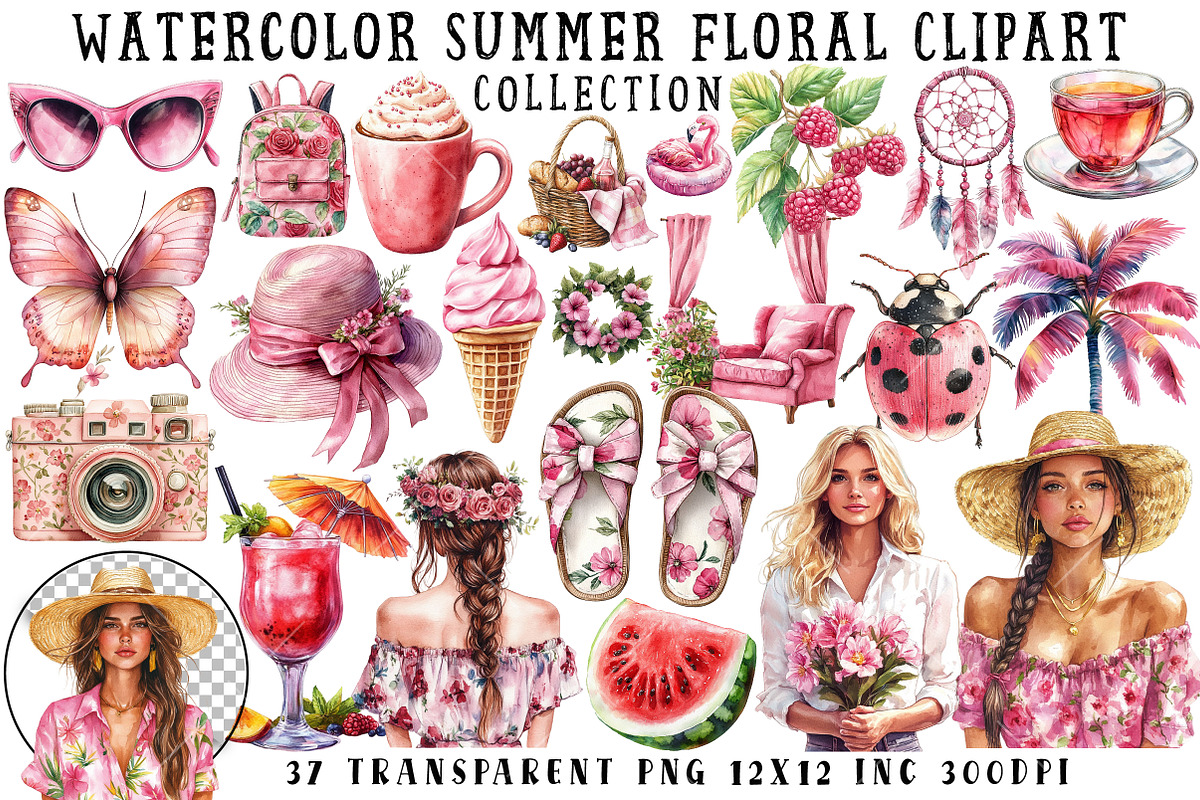 Watercolor Summer Floral Clipart, an Illustration by OK Design (Photo 1 of 6)