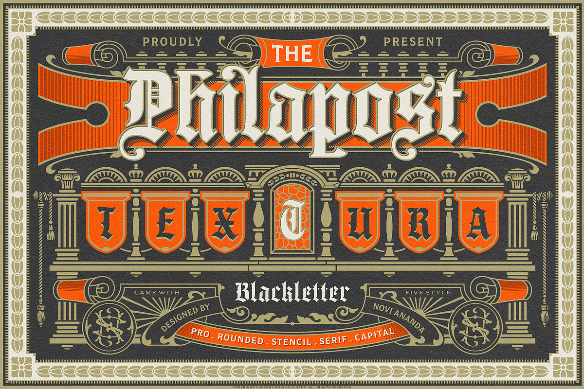NS Philapost Fonts, a Blackletter Font by Novisouldado (Photo 1 of 9)