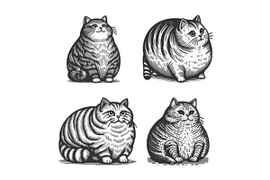 Chubby Cats engraving set vector, an Animal Illustration by AlexArt
