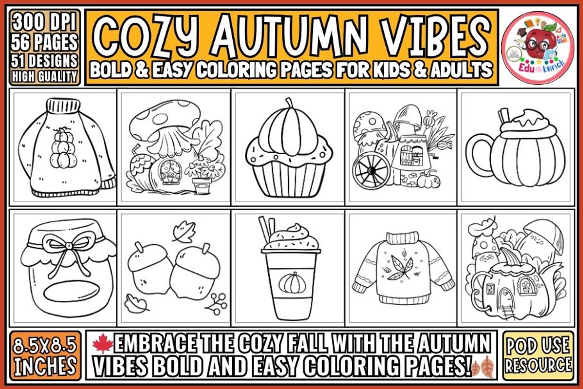 Cozy Autumn Vibes Coloring Pages, a Seasonal Illustration by EduEnrich (Photo 1 of 3)