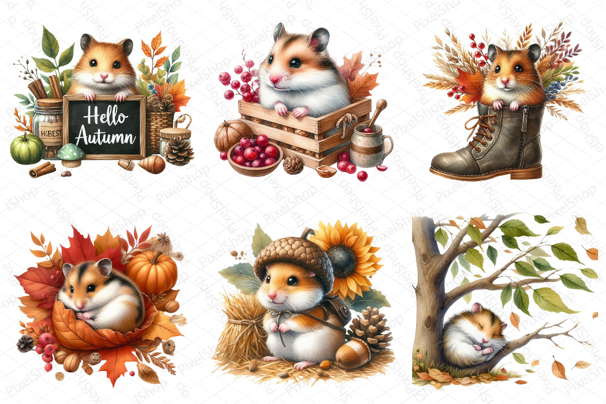 Watercolor Autumn Hamster Clipart, an Illustration by DreamPrint404 (Photo 2 of 6)