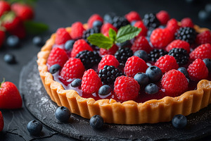 A delightful berry tart brimming with fresh strawberries, bluebe, a Food & Drink Photo by ImageMir