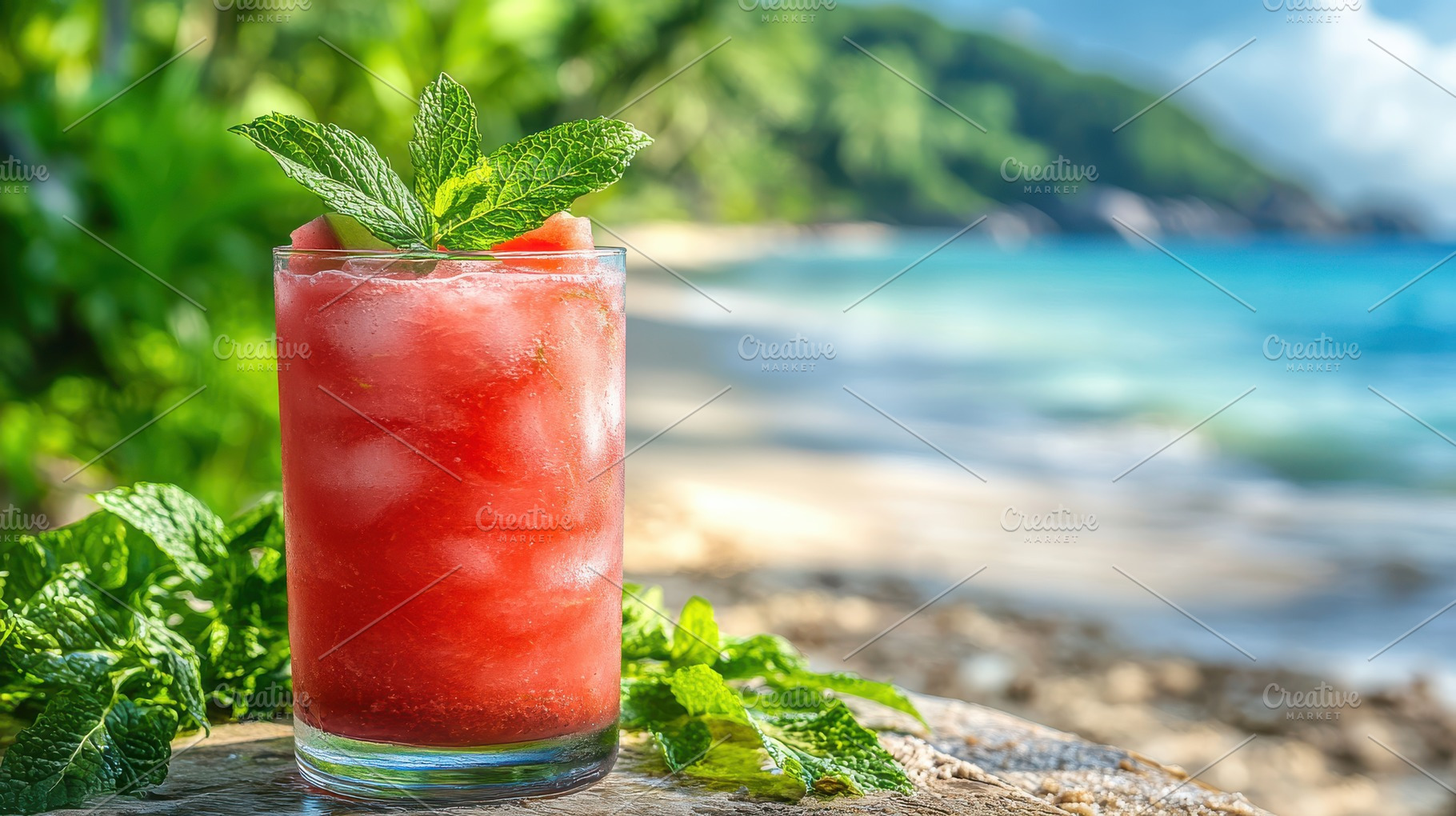 Refreshing watermelon drink garnishe, a Food & Drink Photo by Pixeness Studio