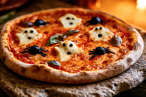 Halloween pizza with mozzarella ghosts and spiders, a Food & Drink Photo by José Manuel Gelpi