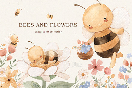 BEES and FLOWERS. Watercolor, an Animal Illustration by OlliArtDesign