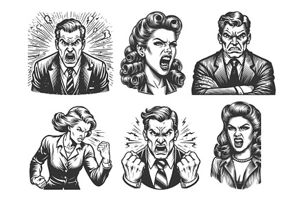 angry boss shouting engraving vector, a Person Illustration by AlexArt