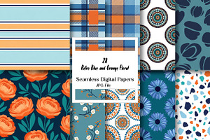 Retro Blue and Orange Floral Digital, a Pattern Graphic by Wow Magic
