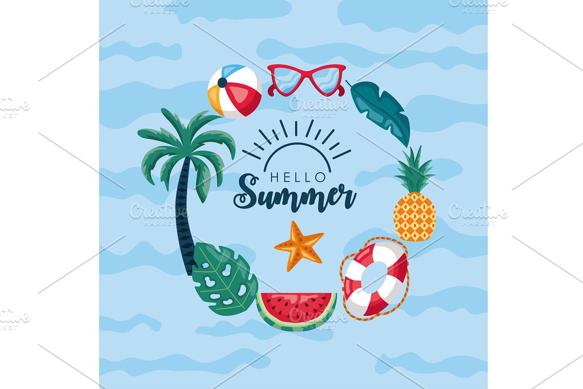hello summer circular frame, an Illustration by studiogstock