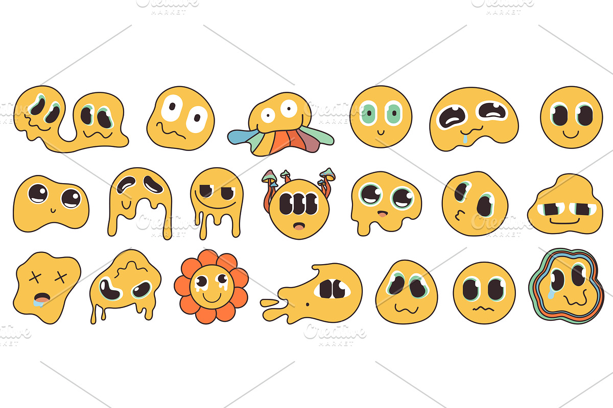 Psychedelic Melting Smiley Faces Set, an Illustration by Lemberg Vector