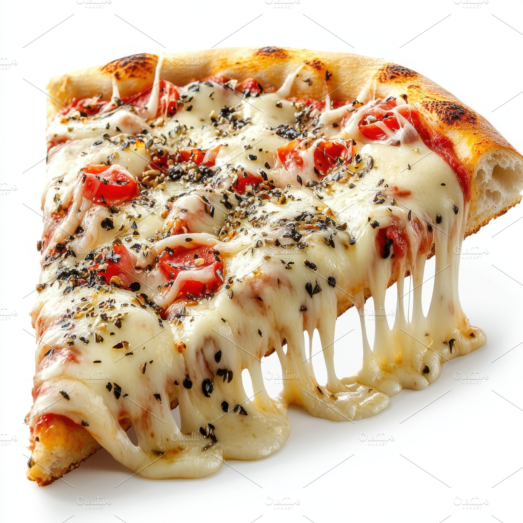 Slice of hot pizza with stretchy che, a Food & Drink Photo by Pixeness Studio