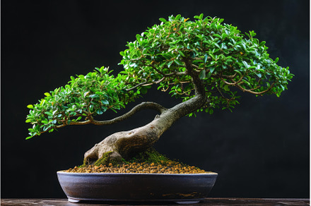 Lush green bonsai tree on black, a Nature Photo by Ylivdesign