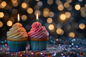 Sweet cupcakes with whipped cream and candles on blurred lights background, a Food & Drink Photo by AlyaAnd