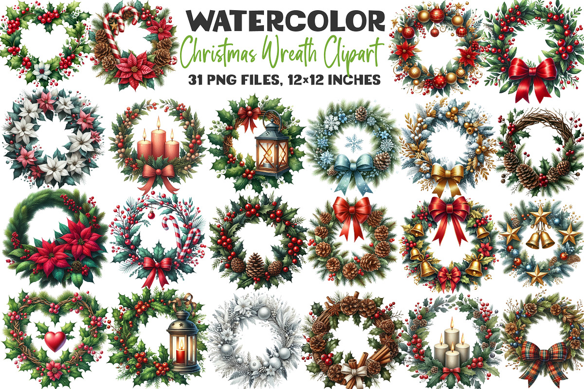 Watercolor Christmas Wreath Clipart, an Illustration by DreamArtGraphic (Photo 1 of 5)