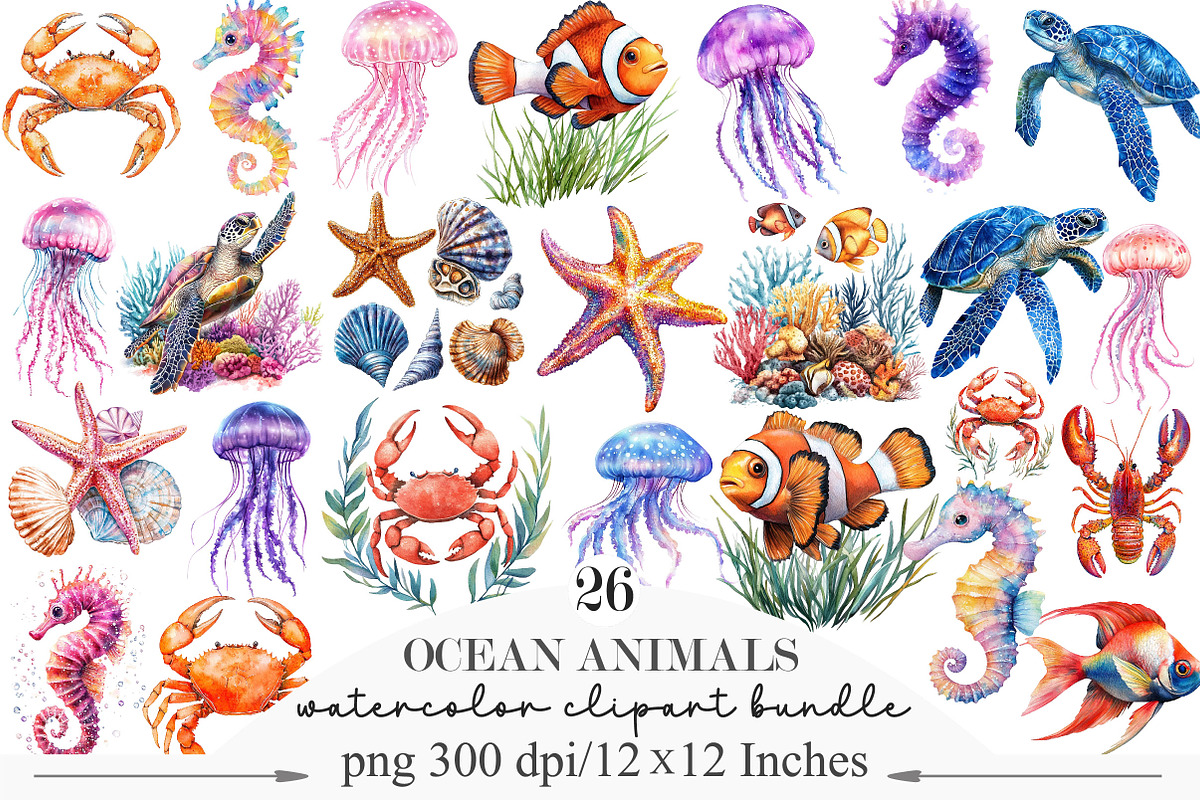 Watercolor Ocean Animals Clipart, an Illustration by Designking (Photo 1 of 5)