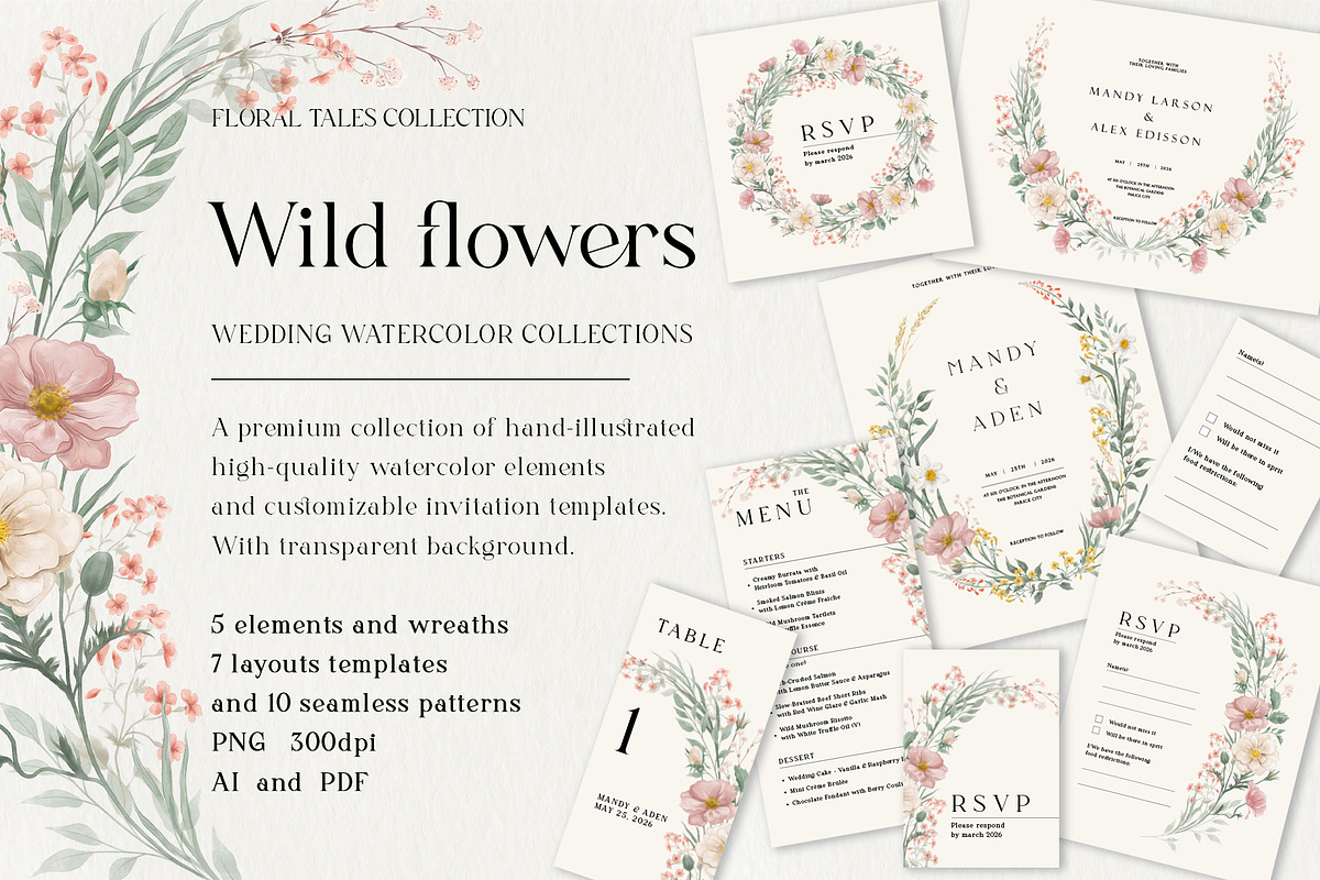 Wild Flowers Watercolor Wedding Set, an Invitation Template by Garden in frame (Photo 1 of 5)