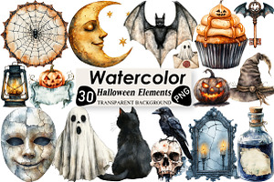 Vintage Halloween Elements Clipart, an Illustration by Black Bird Studio