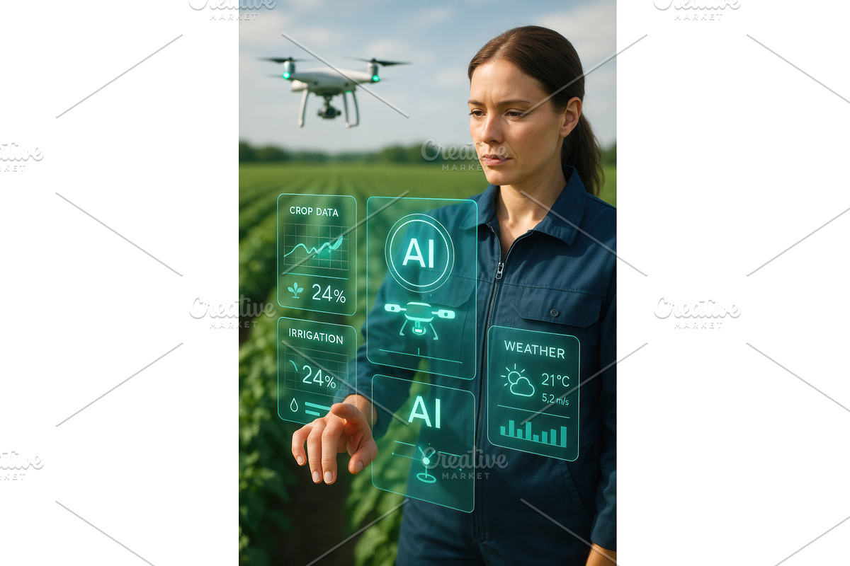 A female farmer interacts with a, an Illustration by Sergey Kotenev
