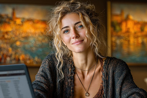 Smiling young woman with curly blonde hair and blue eyes sitting, a Person Photo by José Manuel Gelpi
