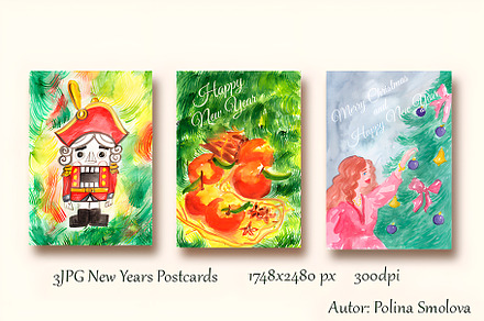 Watercolor new years postcards