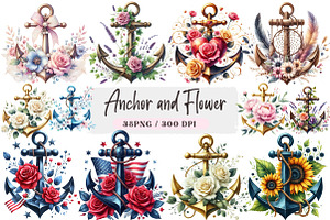 Anchor and Flower Clipart PNG, an Illustration by DreamArtGraphic