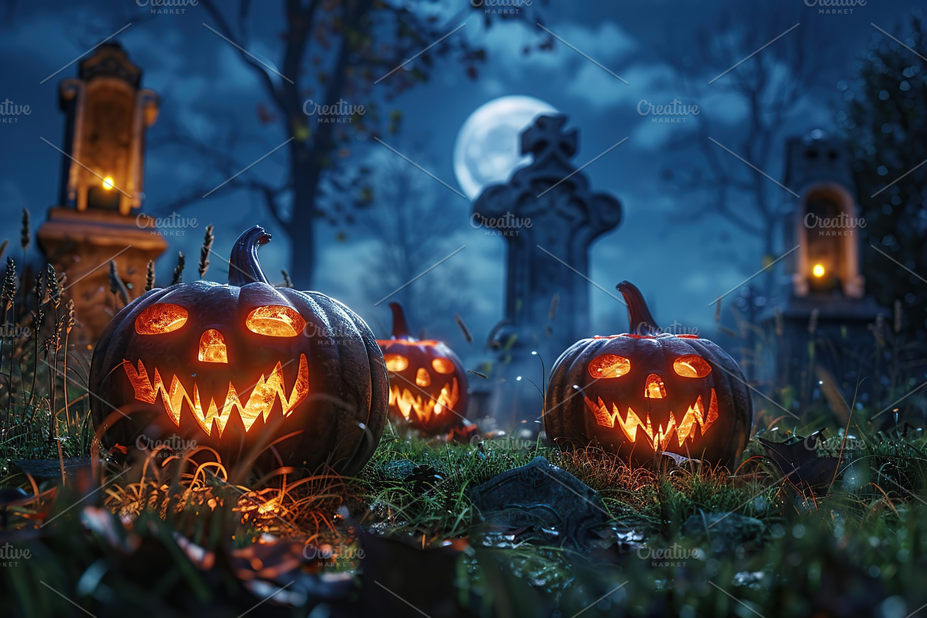 Glowing Jack O Lantern halloween pumpkin on spooky dark background, a Holiday Photo by AlyaAnd
