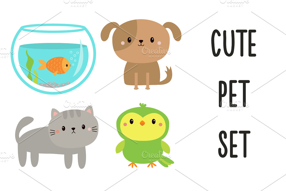 Pet set. Cat, dog, fish, parrot bird, an Animal Illustration by Worldofvector