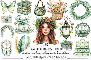 Watercolor Sage Green Boho Life Clip, an Illustration by Designking