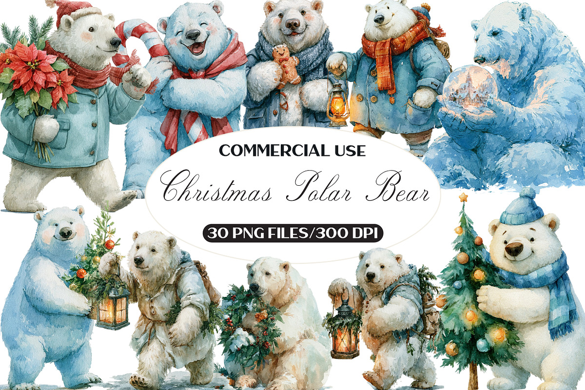 Watercolor Christmas Polar Bear, a Seasonal Illustration by Black Bird Studio (Photo 1 of 7)
