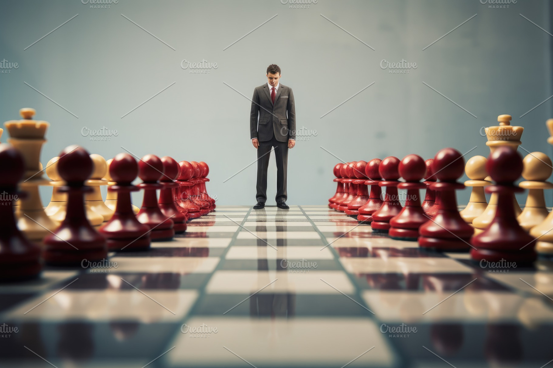 Businessman standing on chessboard w, a Photo by Iftikhar Alam