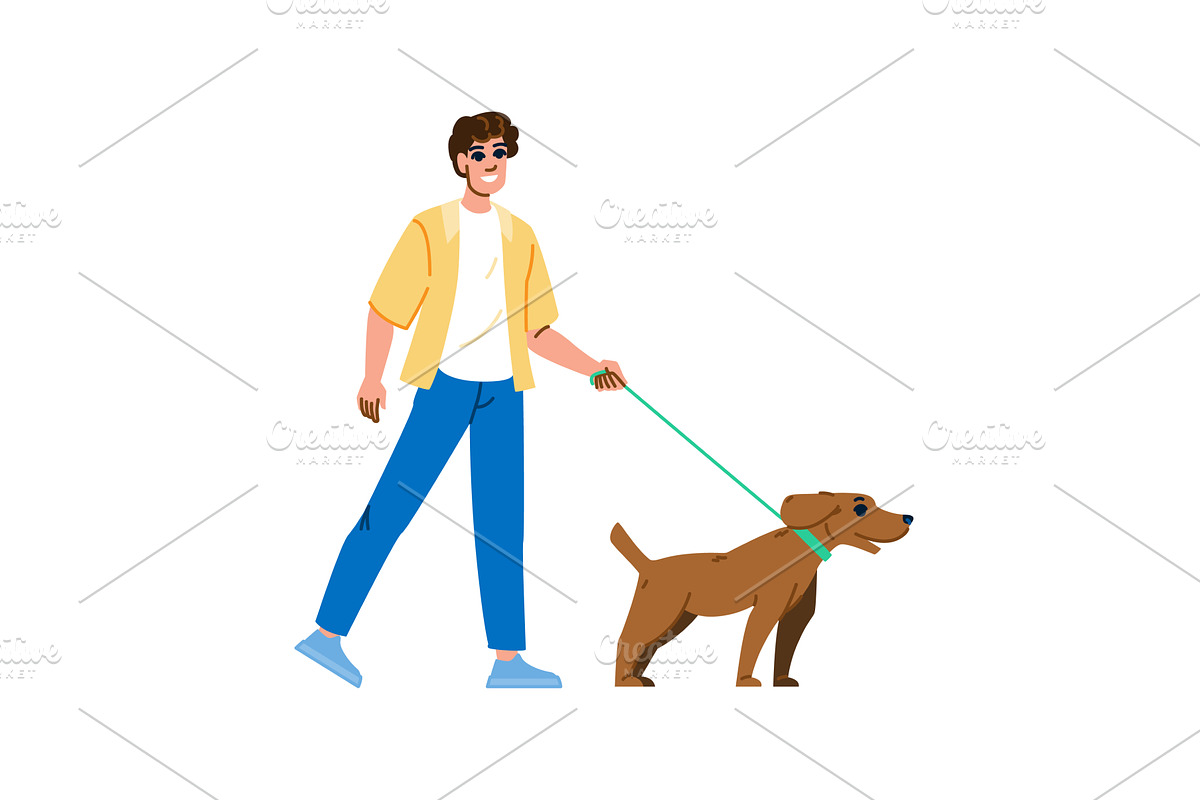 Smiling man walking with happy brown, an Animal Illustration by pikepicture