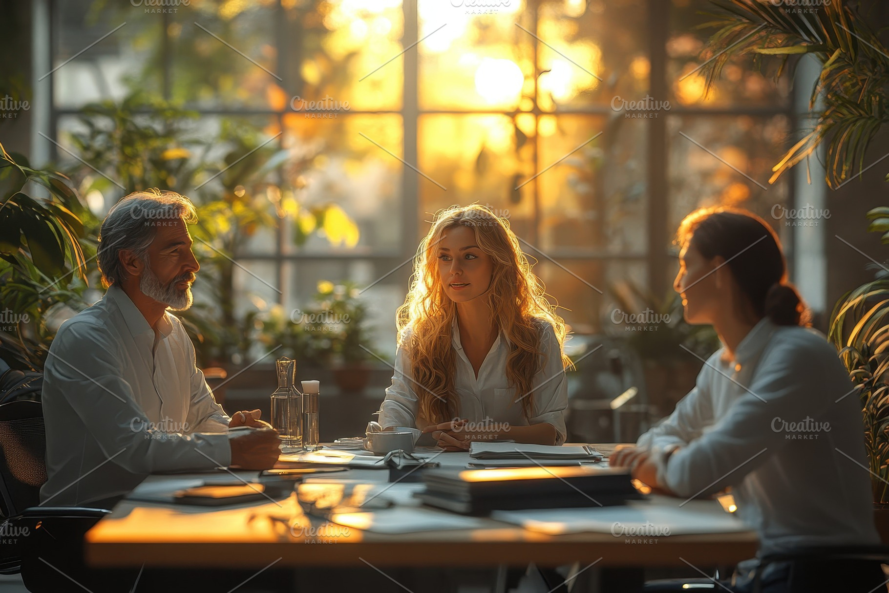 Business meeting during sunset in a, a Photo by Tanuart