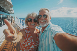 Senior couple embracing the ocean, a Photo by Pavel_design