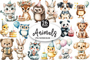 Birthday Baby Animal Clipart png, an Illustration by Watercolor design (Thumbnail 1 of 4)