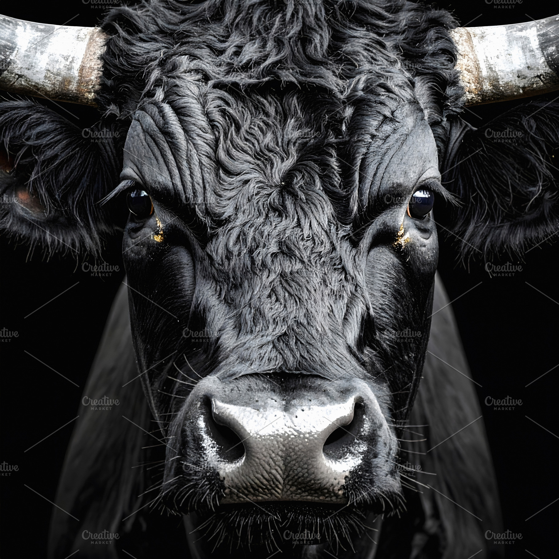Intense gaze of a powerful black bull with horns, an Animal Photo by GoodGoods