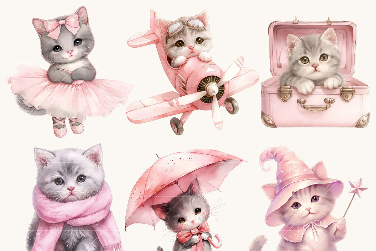Watercolor Pink Baby Kitten Clipart, an Animal Illustration by SparkyDesignsUS (Photo 2 of 8)