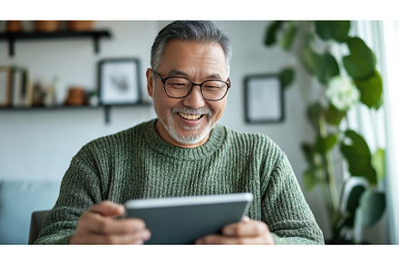 Smiling Asian senior man using a, a Technology Photo by Sergey Kotenev