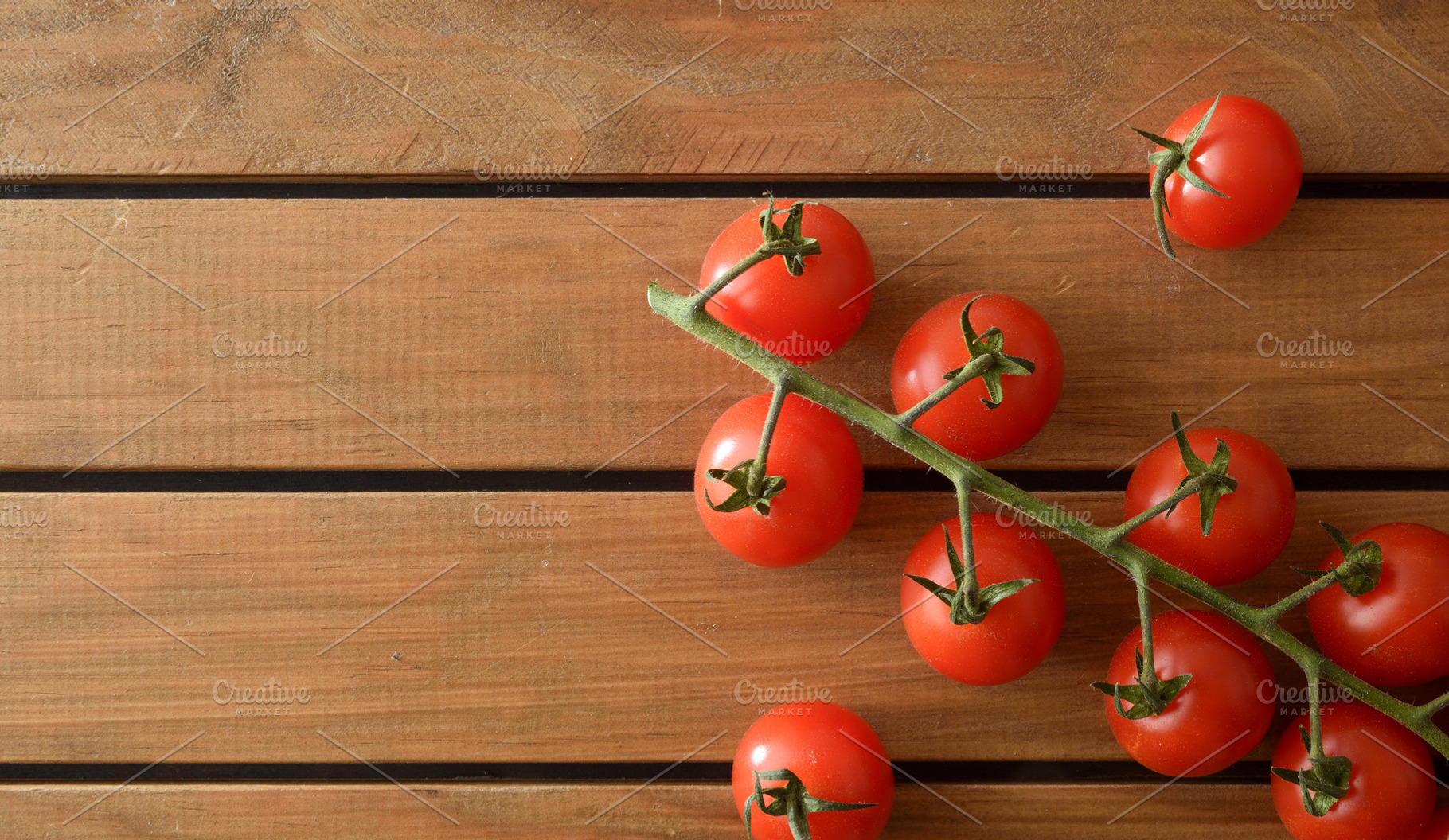 Cherry Tomato Vine on Rustic Wooden Table, a Food & Drink Photo by Davizro's Market