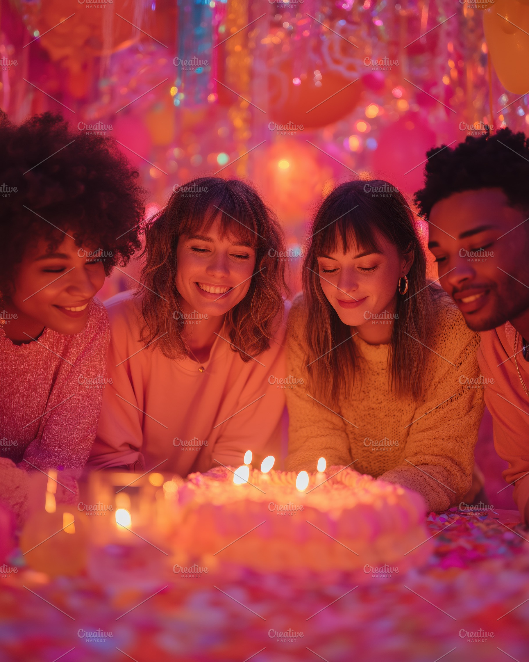 A joyful group of four friends celebrating a birthday with a colorful cake ador, a Person Photo by Textures & Backgrounds